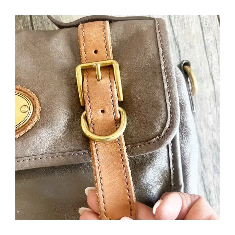 FOSSIL Long Live Taupe Leather Turn Lock Closure Crossbody Bag No Strap Vintage